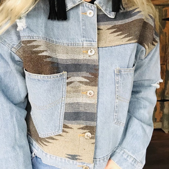 Southwest Aztec Blanket Denim Distressed Jacket - Picture 3 of 6